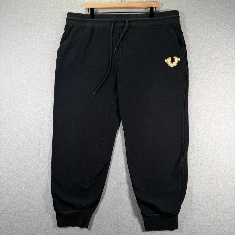 True Religion Mens Joggers Black Logo Waistband Drawstring Size XXL‎ Comfort